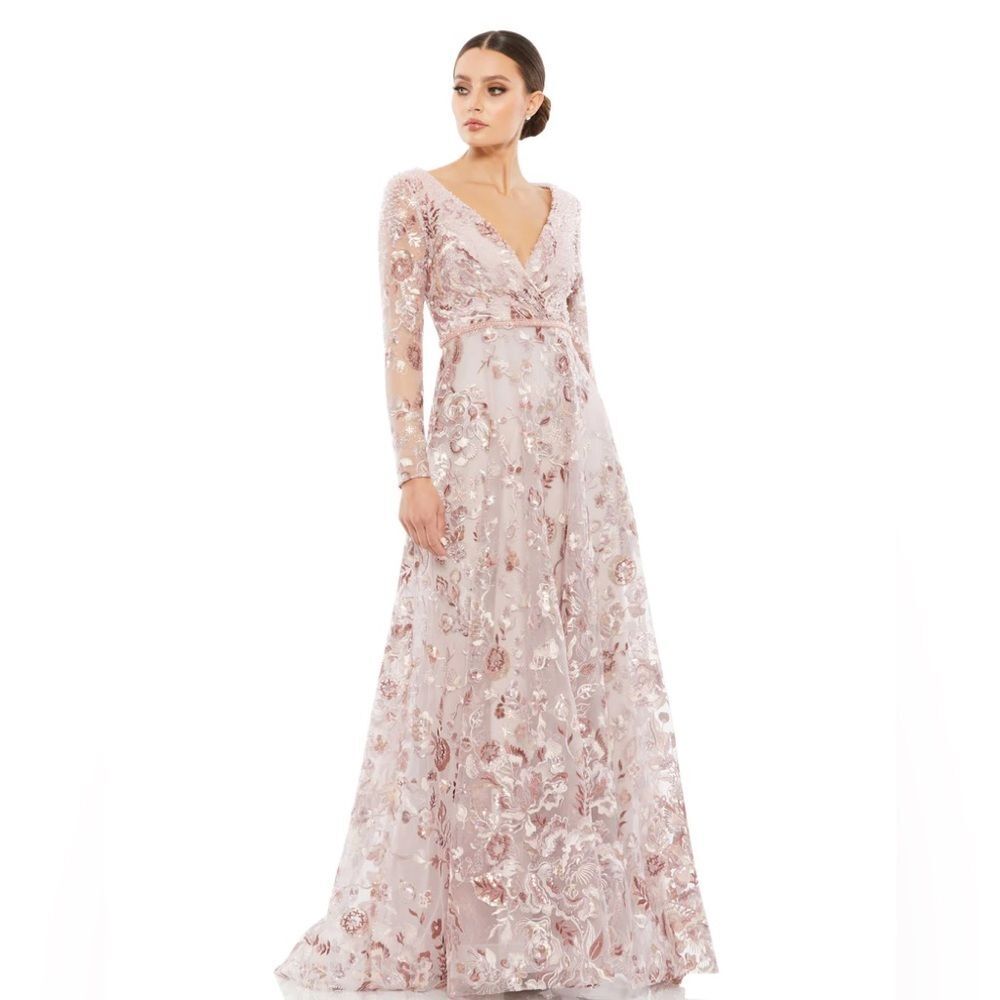 Mac Duggal EMBELLISHED V NECK ILLUSION LONG SLEEVE A LINE GOWN in rose size 4